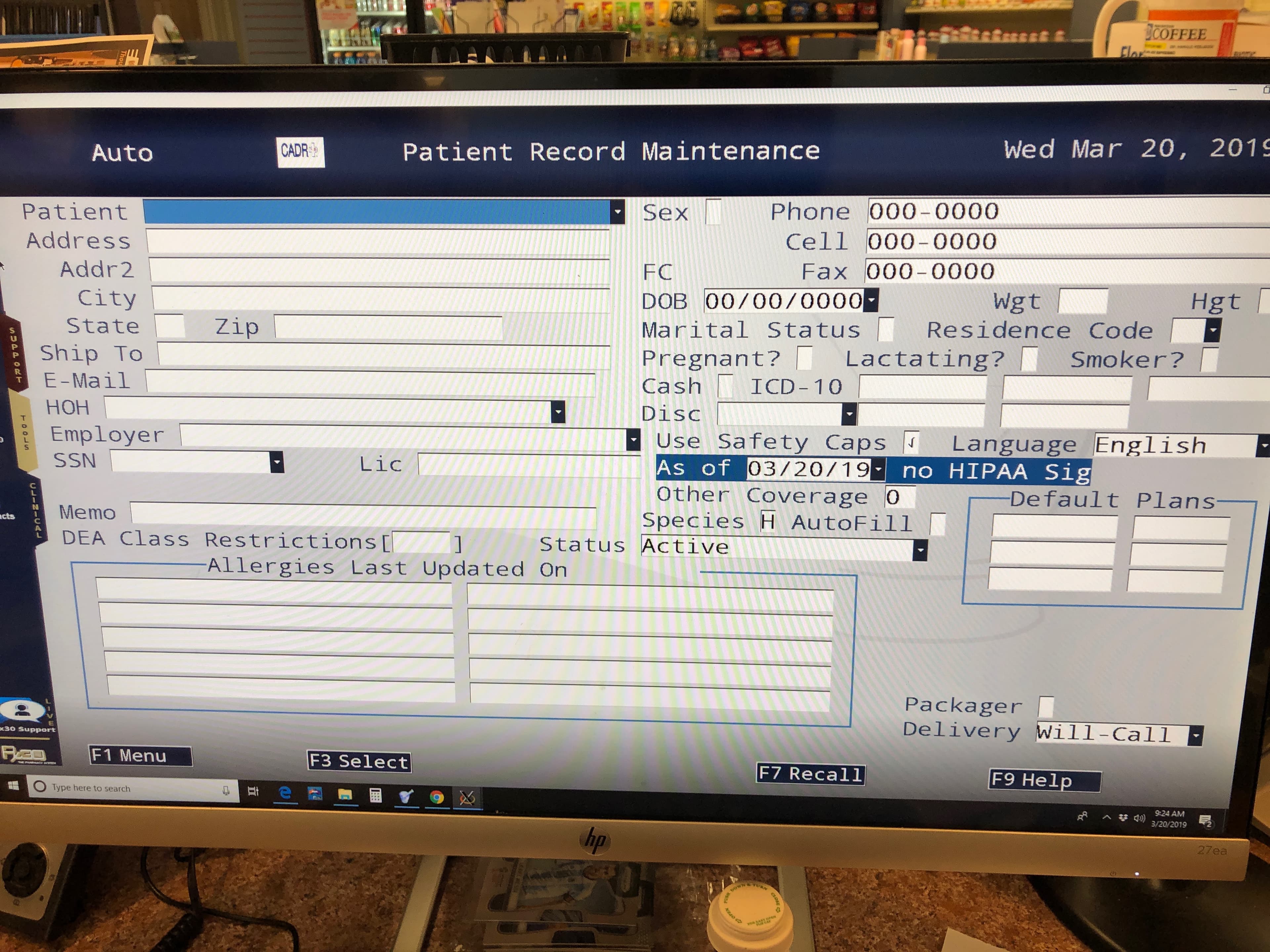 The RX-30 Patient Record Maintenance screen: a dense, terminal-style legacy pharmacy interface