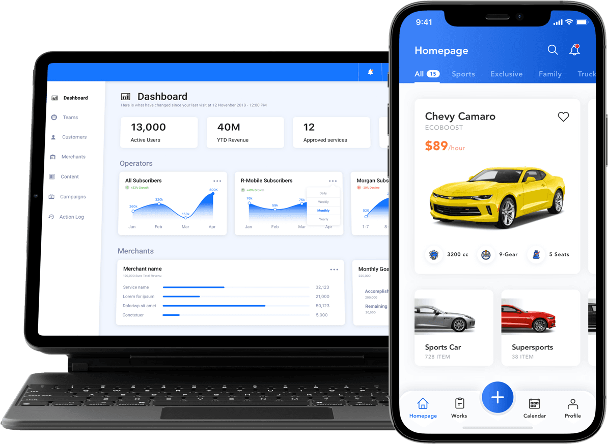 A custom operations dashboard on a laptop alongside a companion mobile app