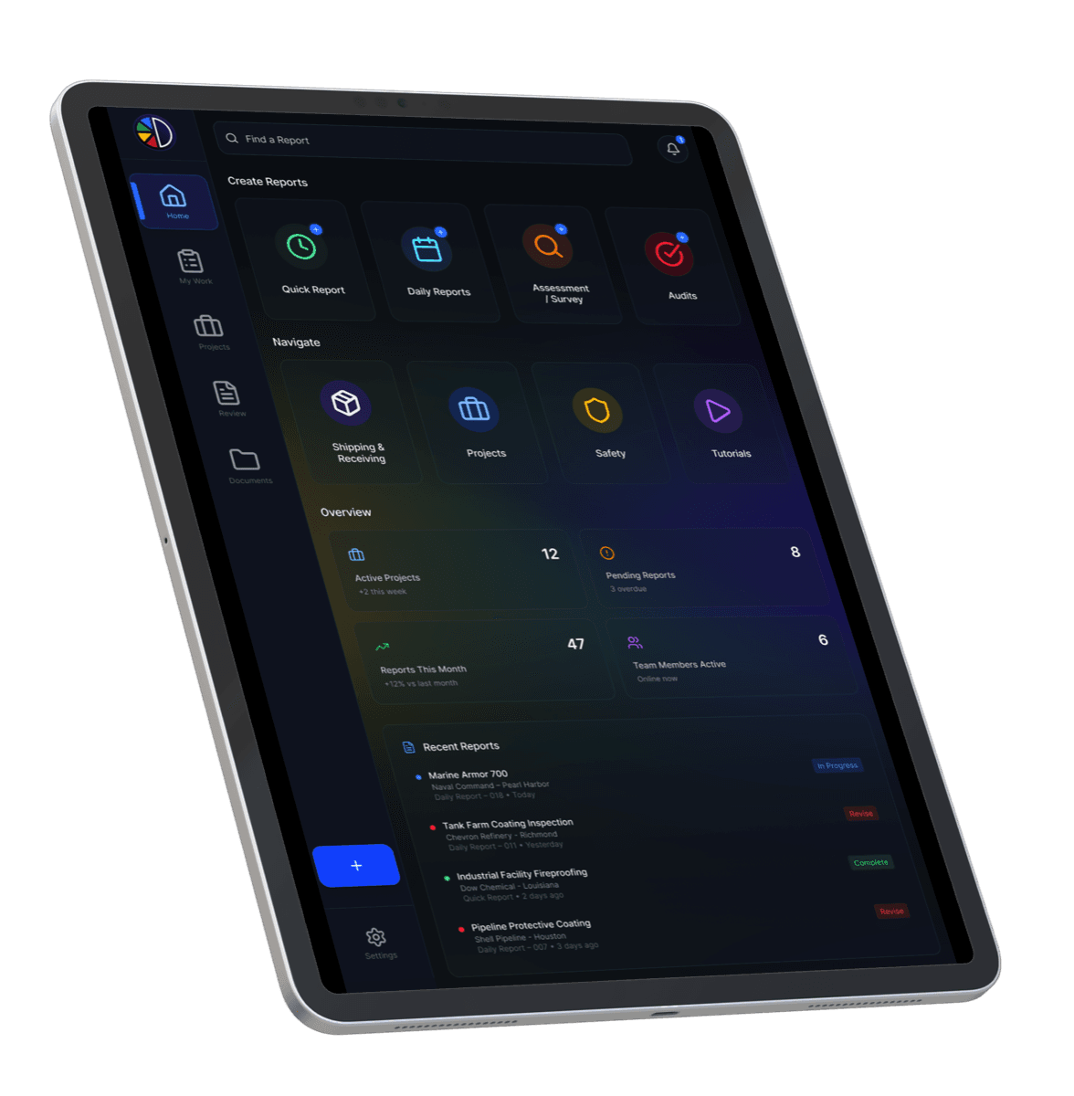DocuPaint home screen on a tablet: report types, project overview, recent reports