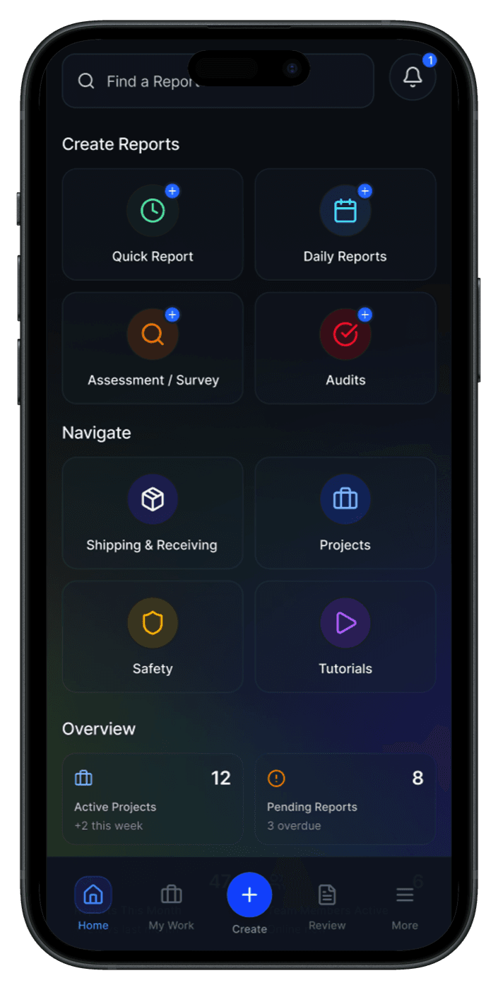 DocuPaint running on a phone with quick report and audit shortcuts