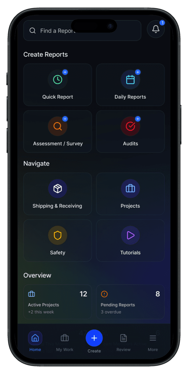DocuPaint mobile application on a phone: report creation, audits, and project navigation