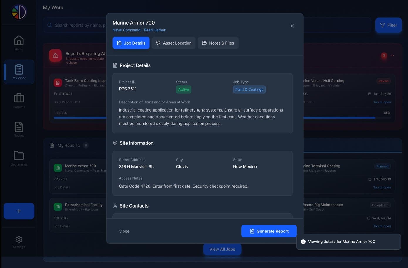DocuPaint Job Details modal showing project ID, status, site information, and access notes
