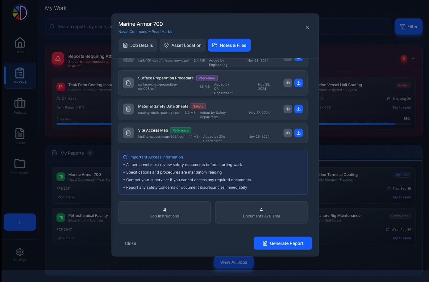 DocuPaint Notes and Files modal listing surface prep procedure, MSDS, and site access map