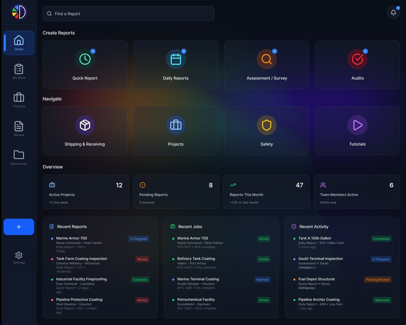 DocuPaint home dashboard with Create Reports row, Navigate row, Overview stats, and recent activity
