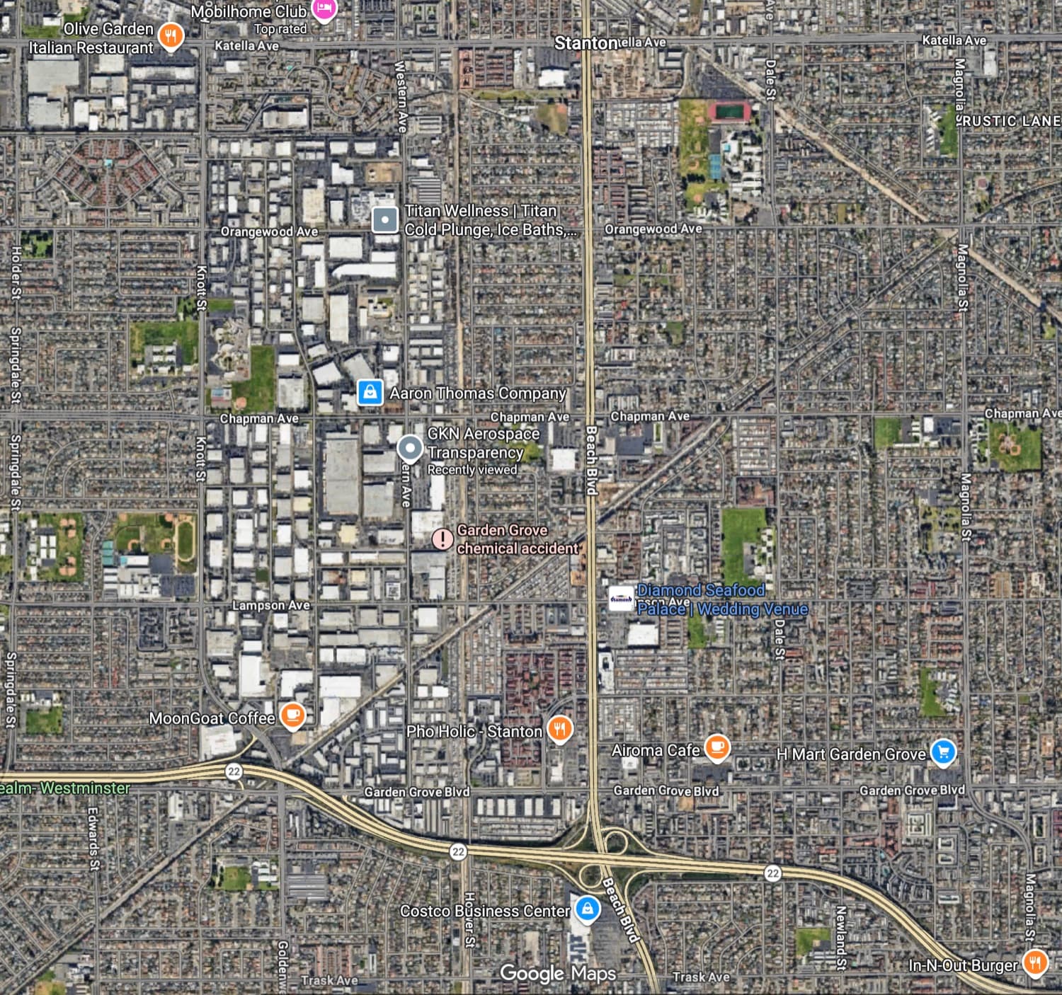 Aerial view of the Garden Grove neighborhood showing Beach Boulevard, Chapman Avenue, Garden Grove Boulevard, and the GKN Aerospace facility on Western Avenue.