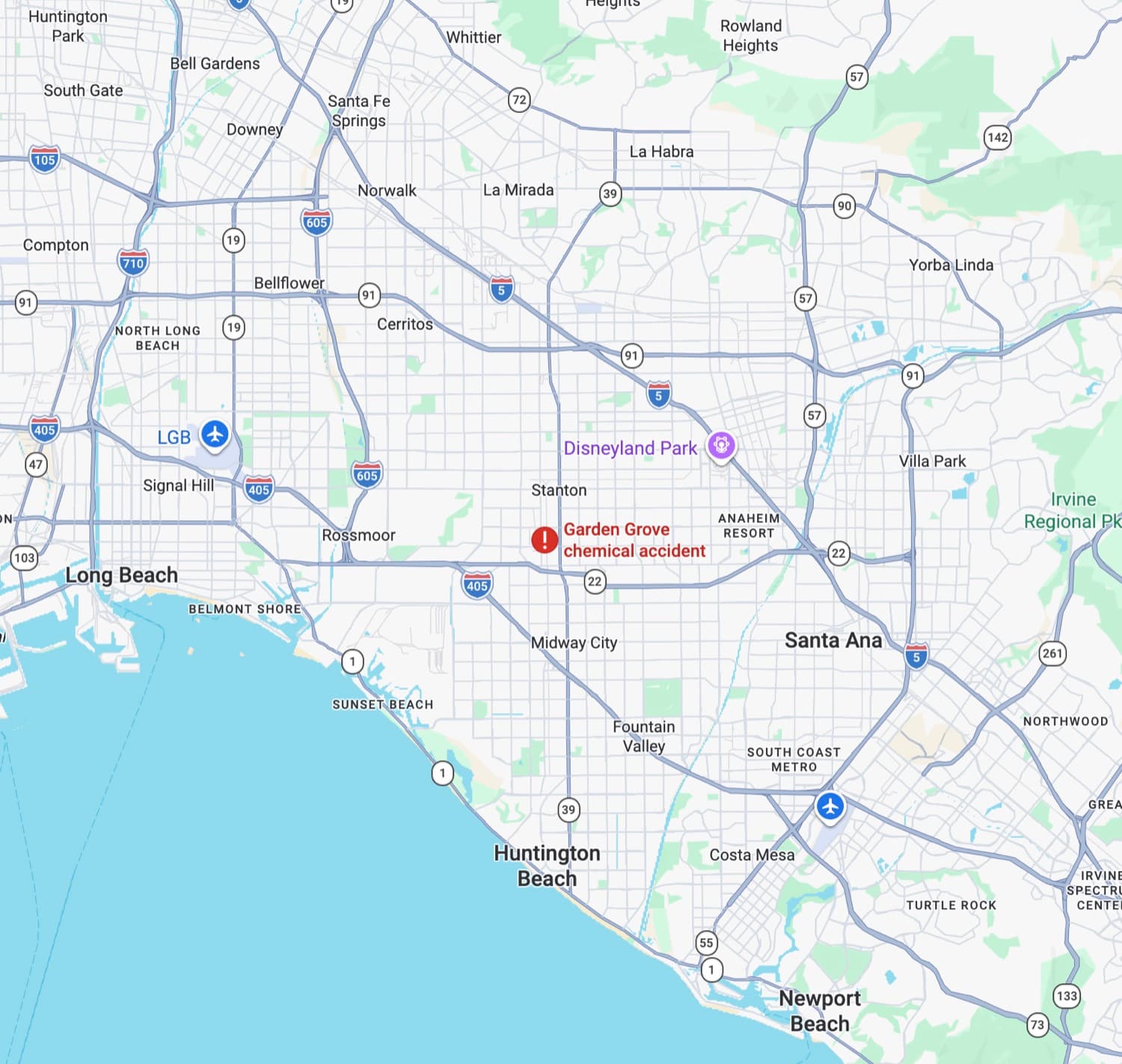 Regional map of the Los Angeles and Orange County area marking the Garden Grove chemical accident site north of the 22 freeway between the 405 and the 5.