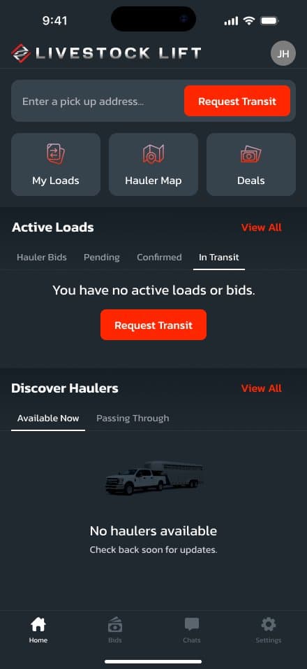 Livestock Lift hauler marketplace app home screen