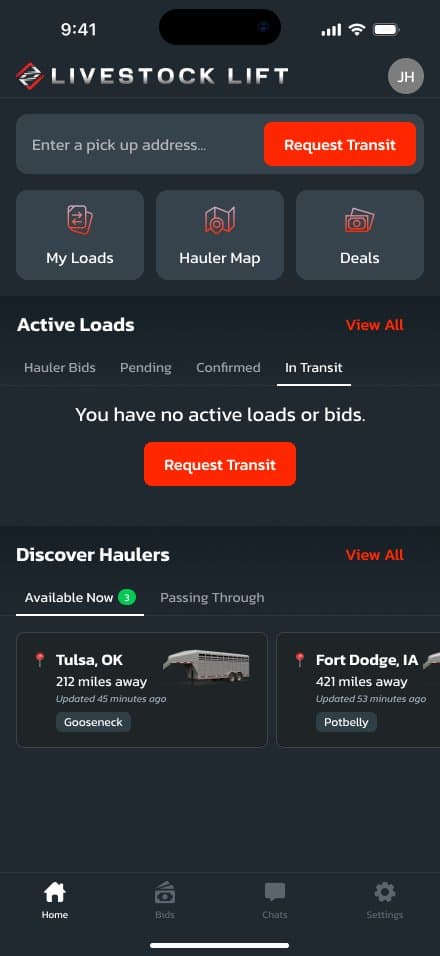 Livestock Lift app home: request transit, active loads, haulers within range