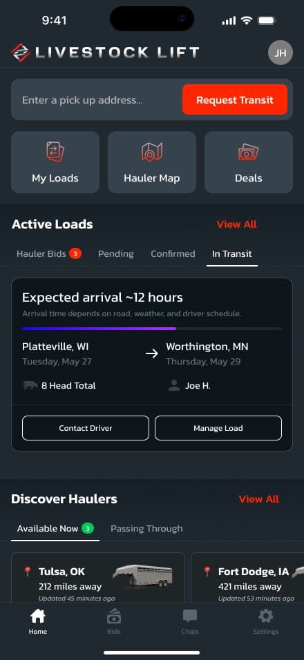 Livestock Lift Cattlemen app. Active load in transit