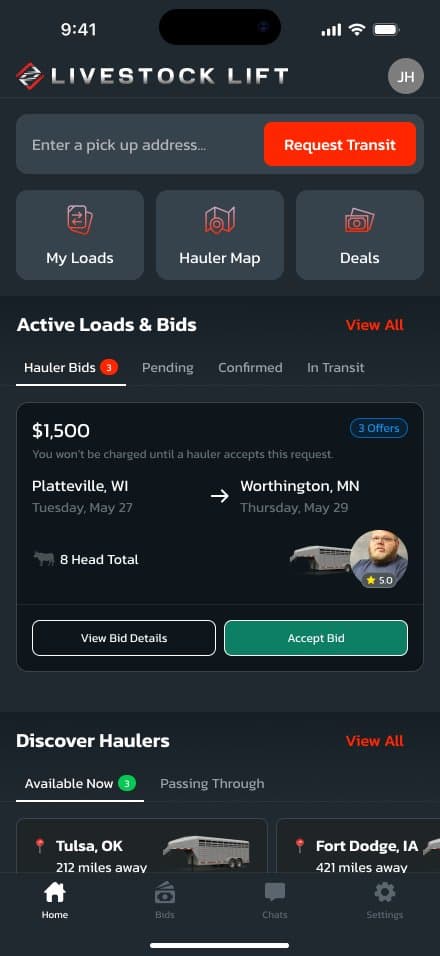 Livestock Lift app: a $1,500 hauler bid with trailer photo and rating