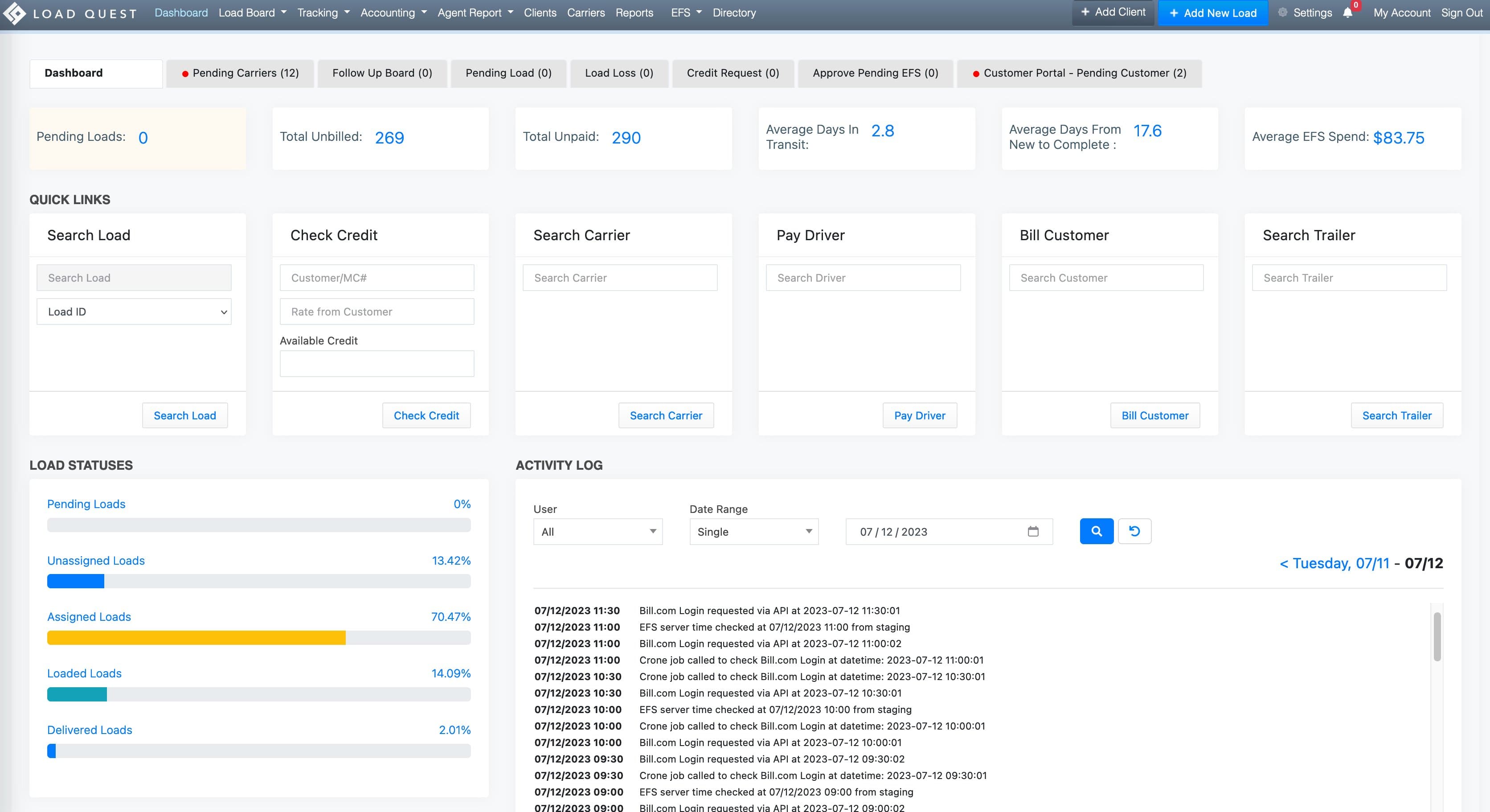 LoadQuest dispatch dashboard: load board, carriers, tracking, and settlement