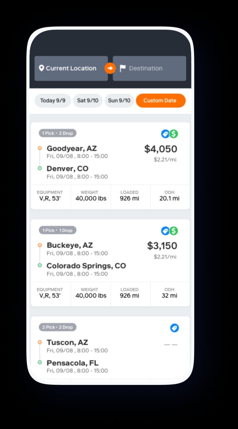 LoadQuest driver mobile app showing available freight loads with origin, destination, rate, equipment, weight, and mileage