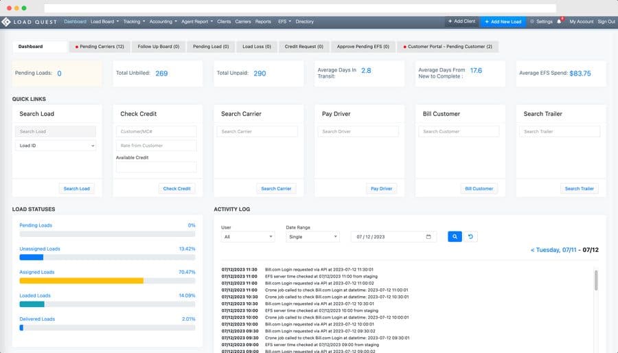 LoadQuest freight operations dashboard for trucking and logistics